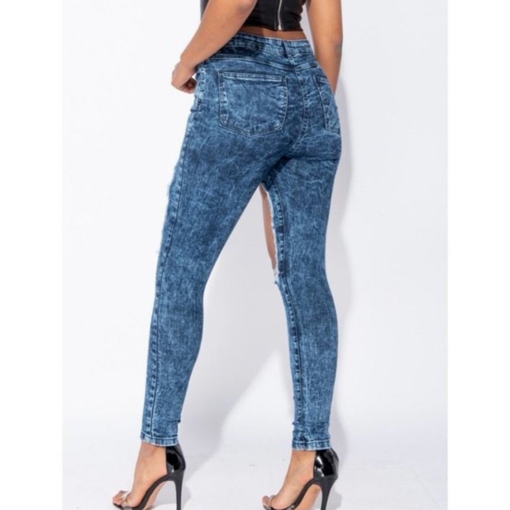 Blue Acid Wash High Waist Ripped Distressed Skinny Jeans Denim Pants - Picture 3 of 10
